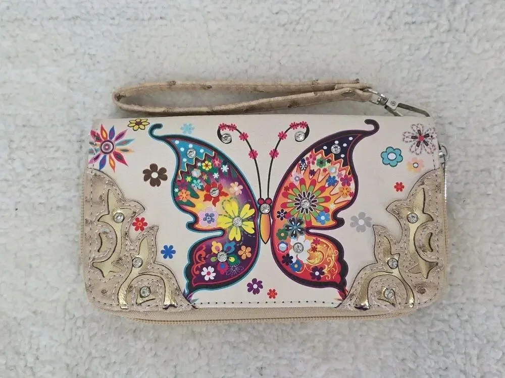 Colorful Embellished Butterfly Floral Design Wristlet Wallet Clutch Purse Tan